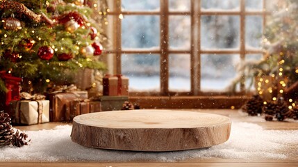 A Christmas tree with many ornaments and presents at the window in the back of the image and a wooden round podium in the front