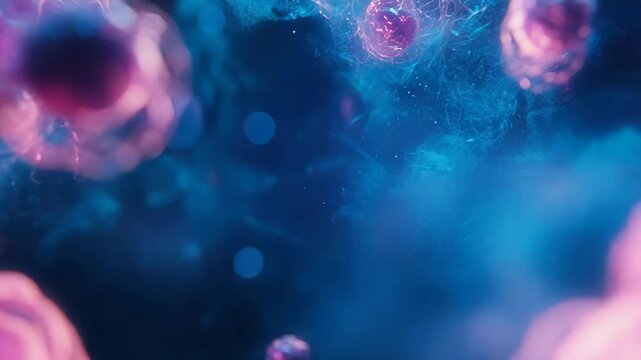 Abstract cells replicating in a biological magenta and blue environment