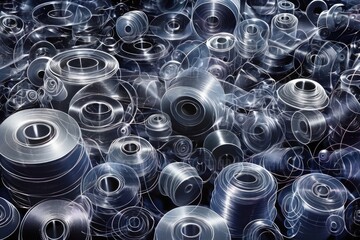 Stainless steel spools and bobbins, cinematic lighting, suitable for digital art design