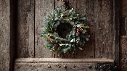 Christmas fir wreath on the rustic wooden door
