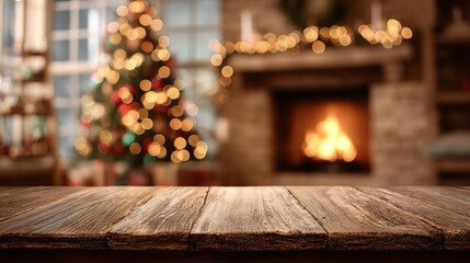 Warm christmas fireplace scene with wooden table foreground