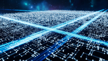 Abstract digital network grid with bright blue light streaks crossing over a dark background technology