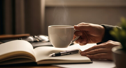 A hand holds a steaming coffee mug above a notebook and pen