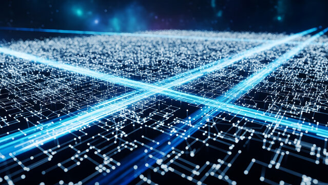 Abstract digital network grid with bright blue light streaks crossing over a dark background technology - Powered by Adobe