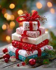 Stack of Wrapped Christmas Presents on Wooden Table with Blurred Lights