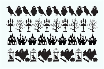 Naklejka premium Halloween spooky silhouettes, haunted houses, ghosts, ravens, bare trees, candelabras, vector design elements, creepy decor, festive objects