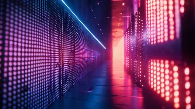 Futuristic digital computing corridor with neon glow