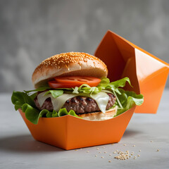 Burger in a custom orange food packaging box