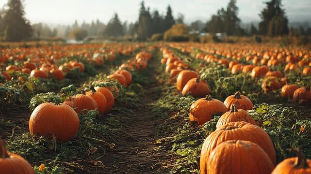 Pumpkin patch harvest in autumn field