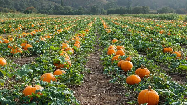 Pumpkin patch field slowly panning autumn harvest