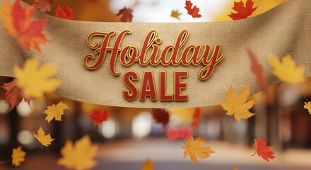 Festive holiday sale banner with autumn leaves and bokeh lights for seasonal promotions