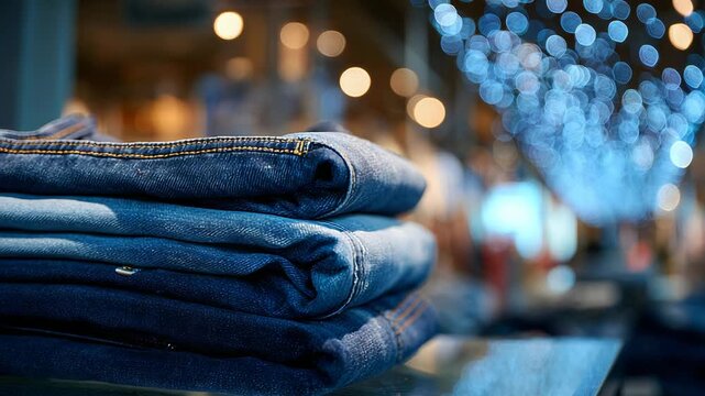 Stack of blue jeans in retail store display