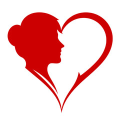 Red silhouette of a woman profile blended into a heart shape representing love and feminine elegance