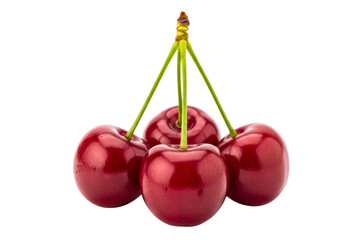 Three fresh ripe red sweet cherries attached by green stems isolated on a transparent background