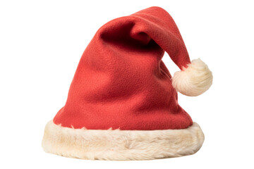 Red soft fabric holiday hat with white fur trim and ball isolated on a transparent background