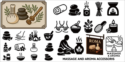 set of different aroma objects and massage accessories
