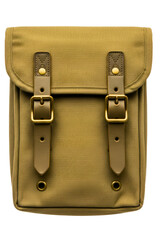 Tan canvas satchel bag with leather straps and buckles isolated on a transparent background