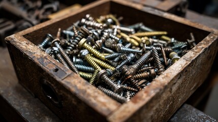 Close-up macro shot of various steel metal screws, nuts, and bolts, industrial construction hardware equipment