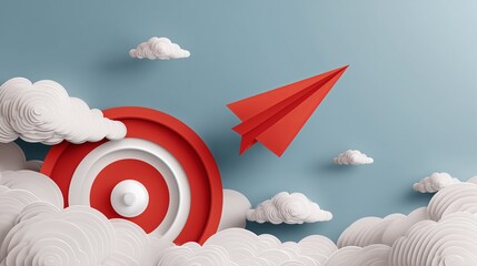 Business success and leadership concept with red paper airplane flying to the target paper art style.
