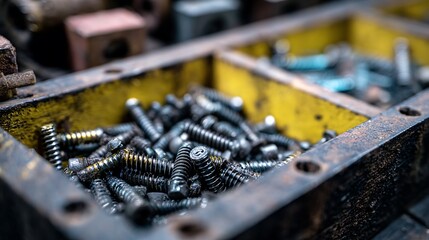 Close-up macro shot of various steel metal screws, nuts, and bolts, industrial construction hardware equipment