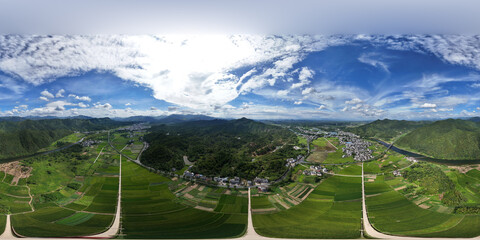 360 degree panoramic view of green farmland in five towns of Xiuning County