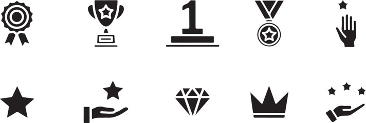 Collection of various achievement and award icons in black on white background