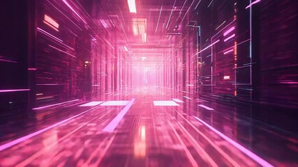 Navigating digital data tunnel with abstract neon lights - Powered by Adobe