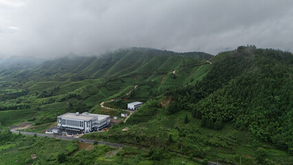 Tea mountains and tea factories under the morning clouds and mist in southern Anhui