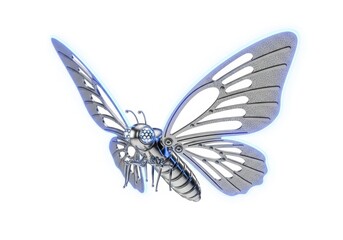A metallic mechanical butterfly with intricate details, isolated on white background, embodies a fusion of nature and industrial design aesthetics