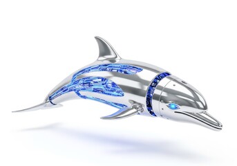 A gleaming chrome dolphin with visible blue circuitry, isolated on white background, showcasing a futuristic aquatic design concept