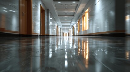 Wide corridor interior with glossy reflective floor and bright modern architectural style