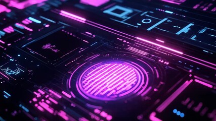 Futuristic circuit board with glowing neon data and microchips - Powered by Adobe