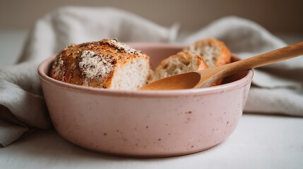 Delicious homemade baked bread served with butter and a bowl of fresh milk makes a sweet breakfast meal or snack