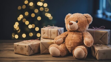 Cozy Christmas Ambiance: A plush teddy bear sits amidst a pile of wrapped gifts in a warm, inviting setting, with a twinkling Christmas tree adding a touch of festive magic.