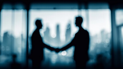 Silhouetted business partners shaking hands near window in modern corporate setting