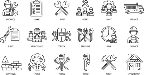 Construction, Repair, and Maintenance Worker Line Icons Set, Industrial Tools, Engineering, Mechanic, Service, Building, Planning, Teamwork, Safety, and Handyman Outline Symbols. © its