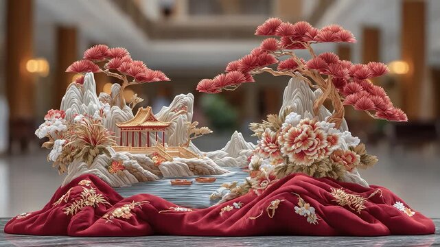 Oriental Elegant Charm Landscape Pavilion Peony Pine Scenic View