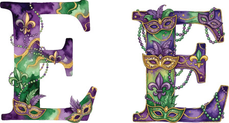  Mardi Gras Letter E Watercolor Alphabetic