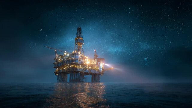 Oil rig at night with starry sky reflection