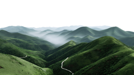 Rolling Hills and Misty Vistas: A breathtaking panorama unfolds, showcasing undulating green hills shrouded in a delicate veil of mist, a winding road inviting exploration.