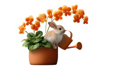 Bunny amidst blossoms: A fluffy bunny rabbit perches beside a vibrant display of orange blooms, creating a delightful scene of springtime serenity.