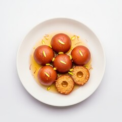 Gulab jamun isolated on white background, a popular dessert in india, served on a white plate with saffron and pistachio garnish