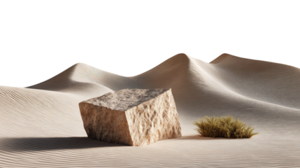 Desert Landscape with Stone and Plant: A solitary stone and plant amidst sweeping sand dunes, a testament to nature's artistry and resilience.