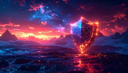 Digital shield glows brilliantly in a surreal landscape beneath a vibrant, cosmic sky, highlighting security & protection