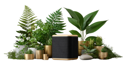 Harmony Soundscape: A modern speaker nestles amidst a lush array of vibrant greenery and golden accents, creating a seamless blend of technology and the serenity of nature.
