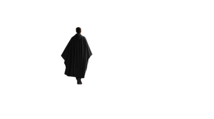 A lone figure in a flowing black cape walks toward the light, embodying mystery and silent power. The silhouette of the figure suggests confidence and determination, on a path.