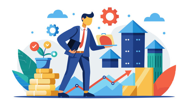 Businessman standing in front of growing graphs and buildings