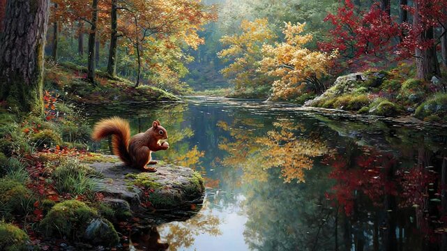 Squirrel foraging near river in autumn forest