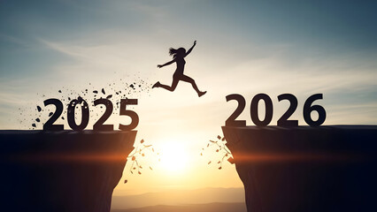 Fototapeta premium Powerful Silhouette of a Woman Running and Leaping Across the Chasm from Year 2025 to Year 2026 into Bright Sunlight