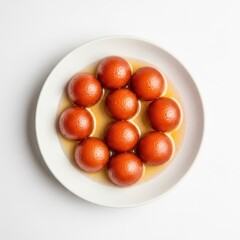 Gulab jamun isolated on white background, a popular indian dessert, served in a white bowl with sweet syrup, topdown view